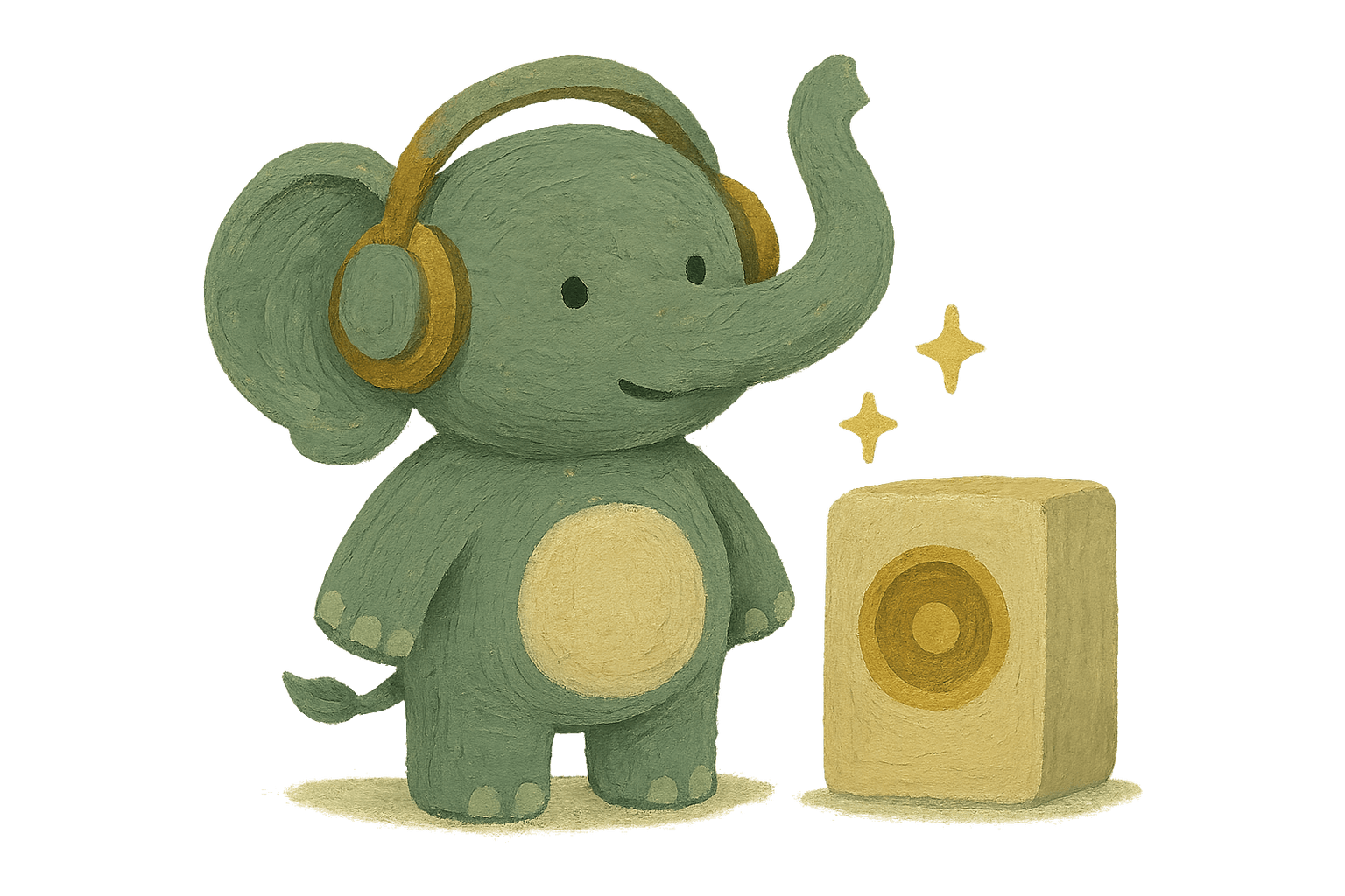 A jade elephant wearing headphones, listening