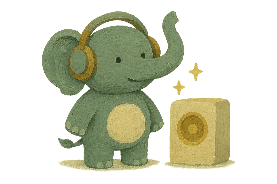 A jade elephant wearing headphones, listening